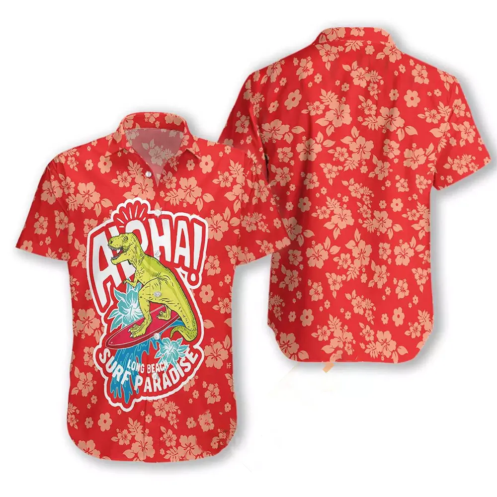 Aloha Surfing T-rex Dinosaur Hawaiian shirts