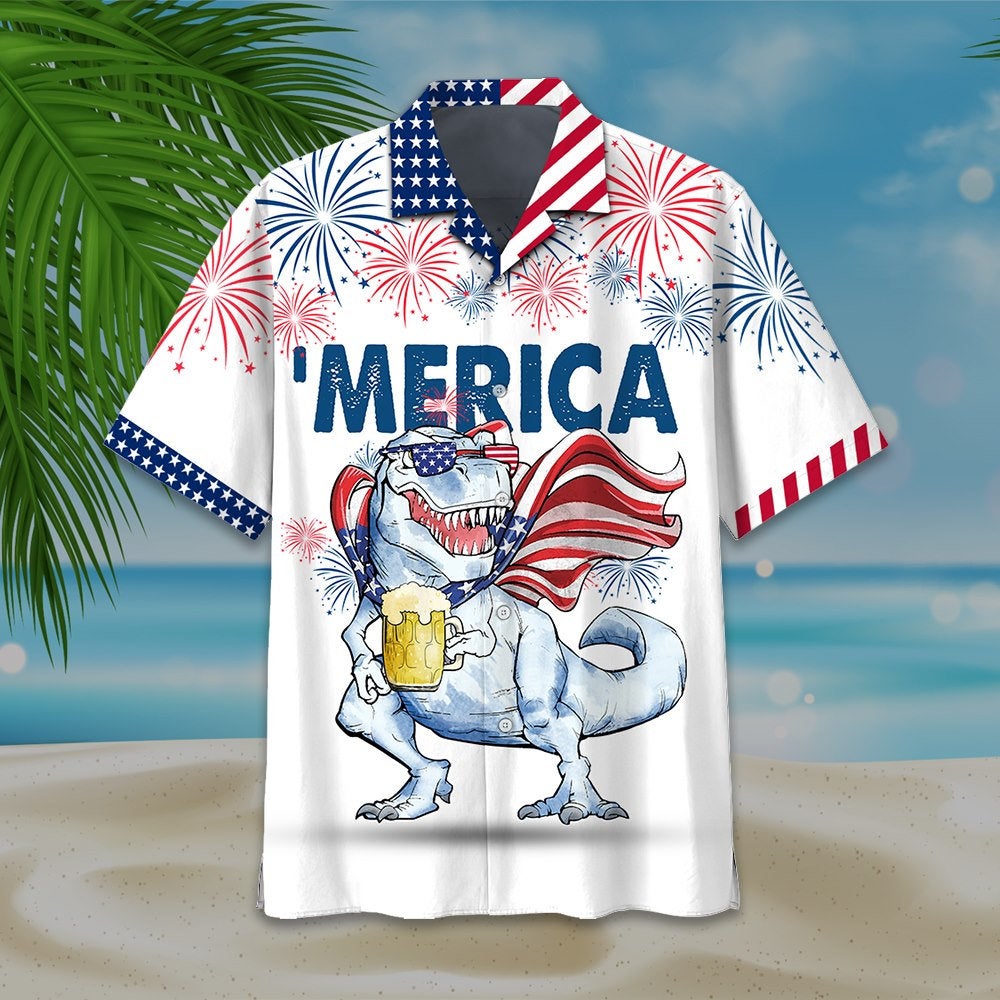 America Independence Day 4th Of July Merica Dinosaur Drinking Beer Fireworks Summer Vacation Hawaiian shirts