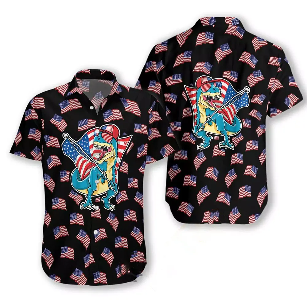American Flag T-rex Hawaiian shirts