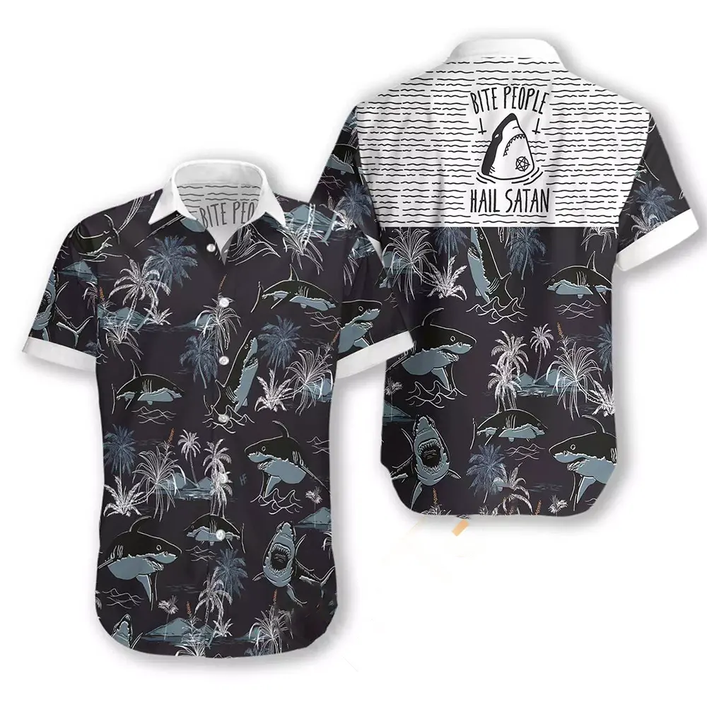 Bite People Hail Satan Shark Hawaiian shirts