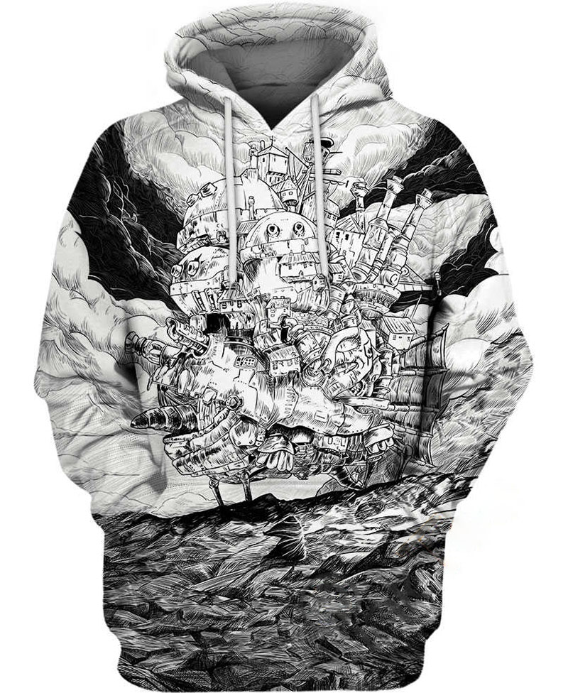 Black And White Howl?s Castle Hoodie 3D