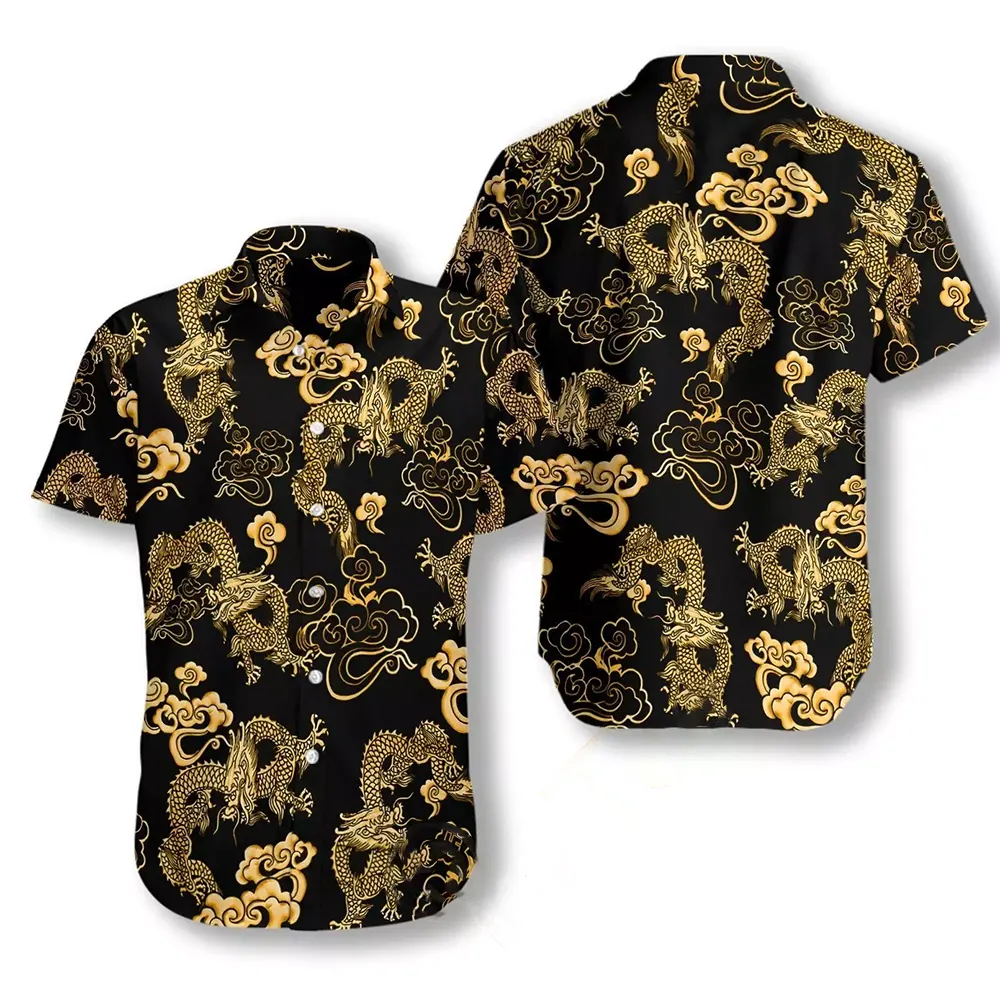 Black Gold Oriental Dragon Hawaiian shirts