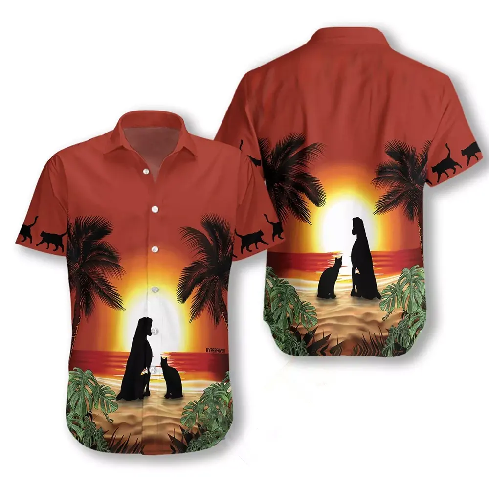 Cat And Dog Sunset Hawaiian shirts