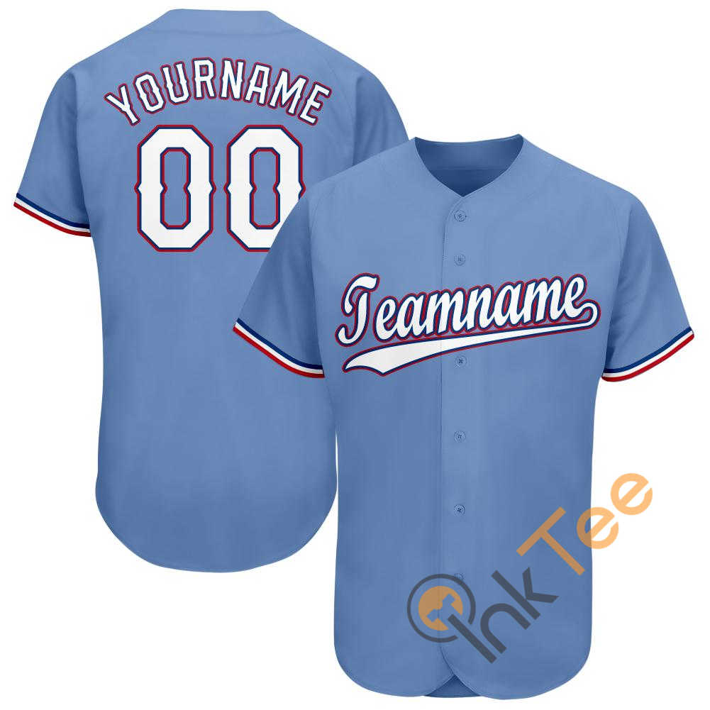 Custom Light Blue White Red Baseball Jersey