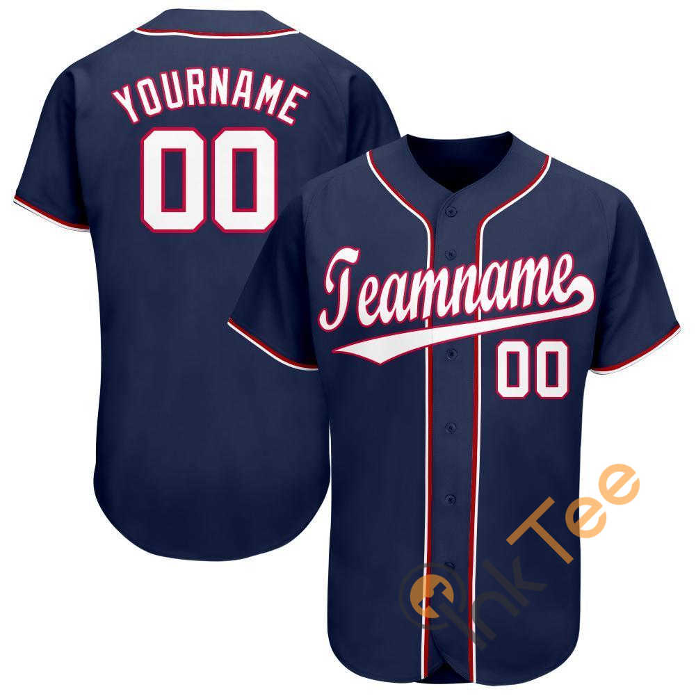 Custom Navy White Red Baseball Jersey