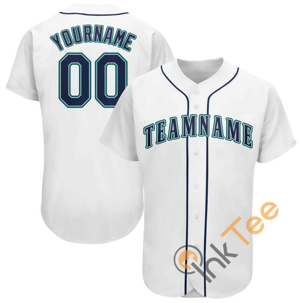 Custom White Navy Aqua Baseball Jersey