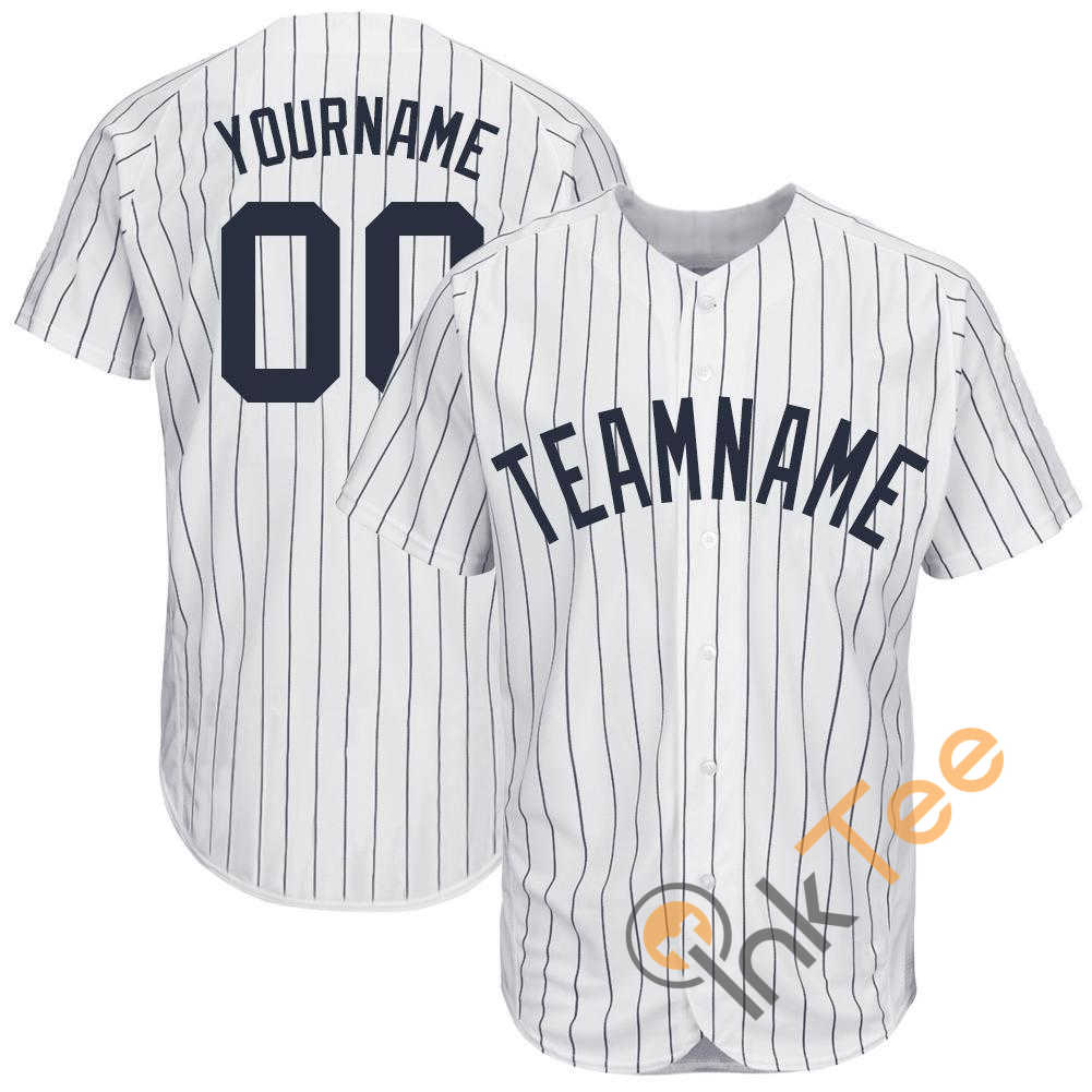 Custom White Navy Strip Navy Baseball Jersey