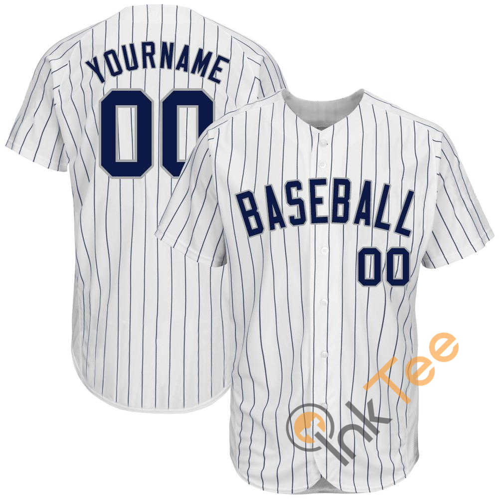 Custom White Navy Strip Navy Gray Baseball Jersey
