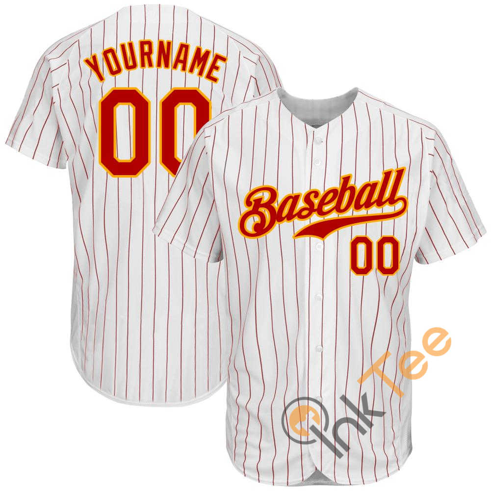 Custom White Red Strip Red Gold Baseball Jersey
