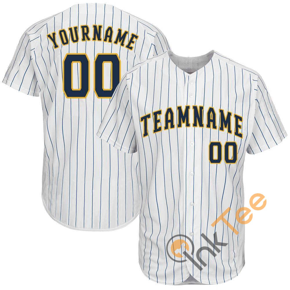 Custom White Royal Strip Navy Gold Baseball Jersey
