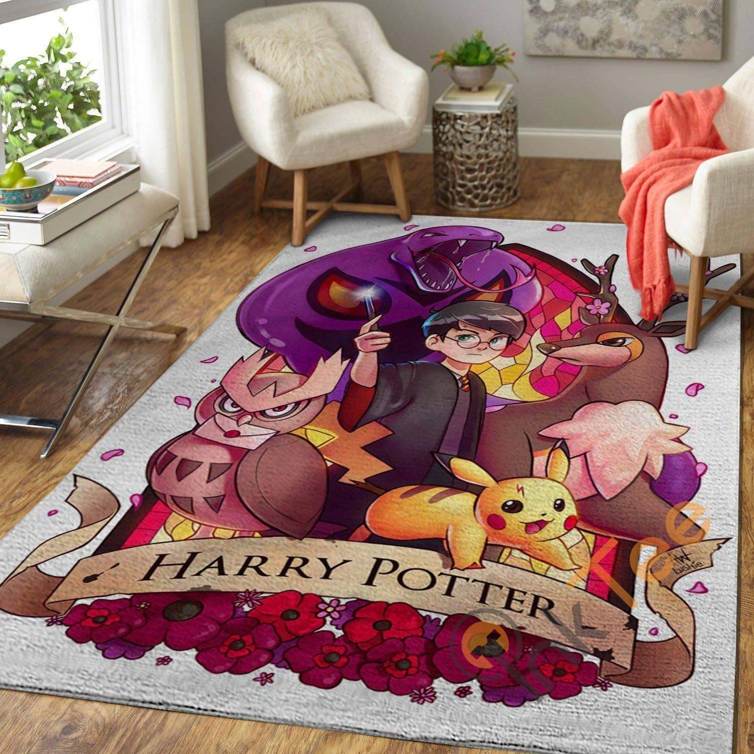 Cute Harry Potter Chibi And Pikachu Carpet Living Room Floor Decor Gift For Potter’s Fan Rug