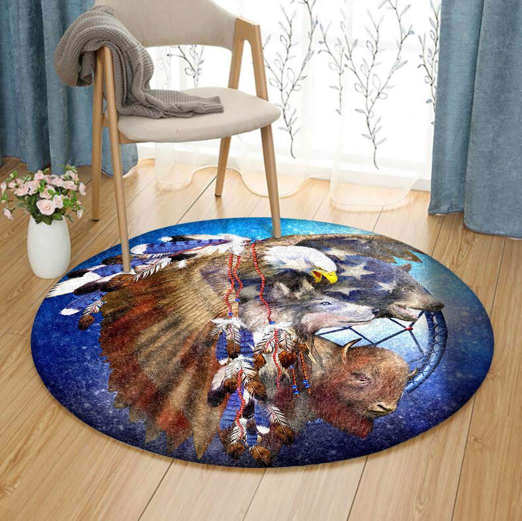 Dreamcatcher Spirit Animal Eagle Wolf Bear Buffalo Native American Limited Edition Round Rug