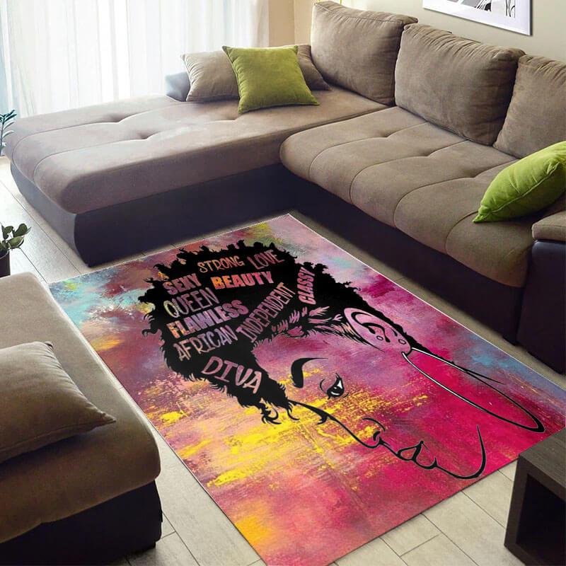 Modern African American Fancy Natural Hair Afro Girl Colorful Art Themed Carpet Living Room Rug