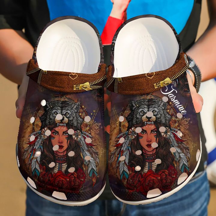 Native Personalized Wolf Girl Crocs Clog Shoes