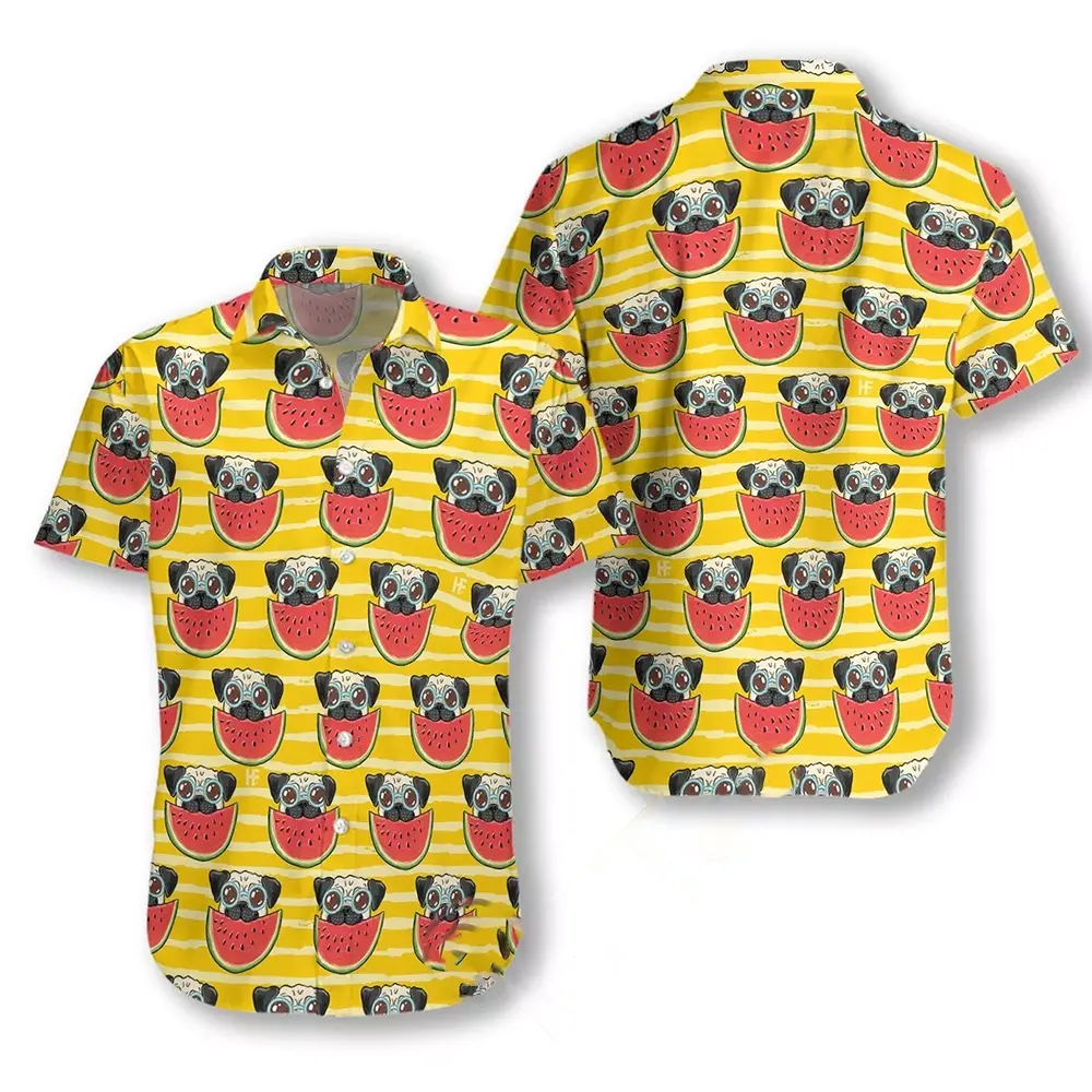 Pug Watermelon Yellow Background Hawaiian shirts