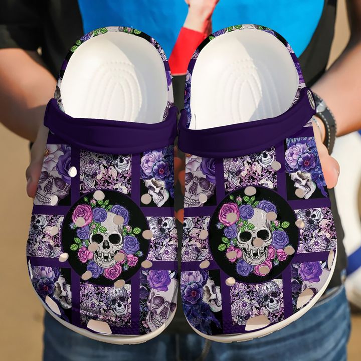 Skull Purple Roses Crocs Clog Shoes