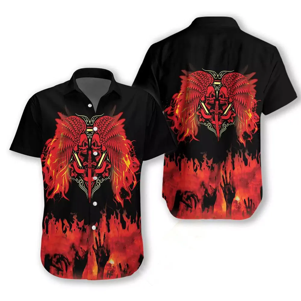 Two Faced Skull On Fire Hawaiian shirts